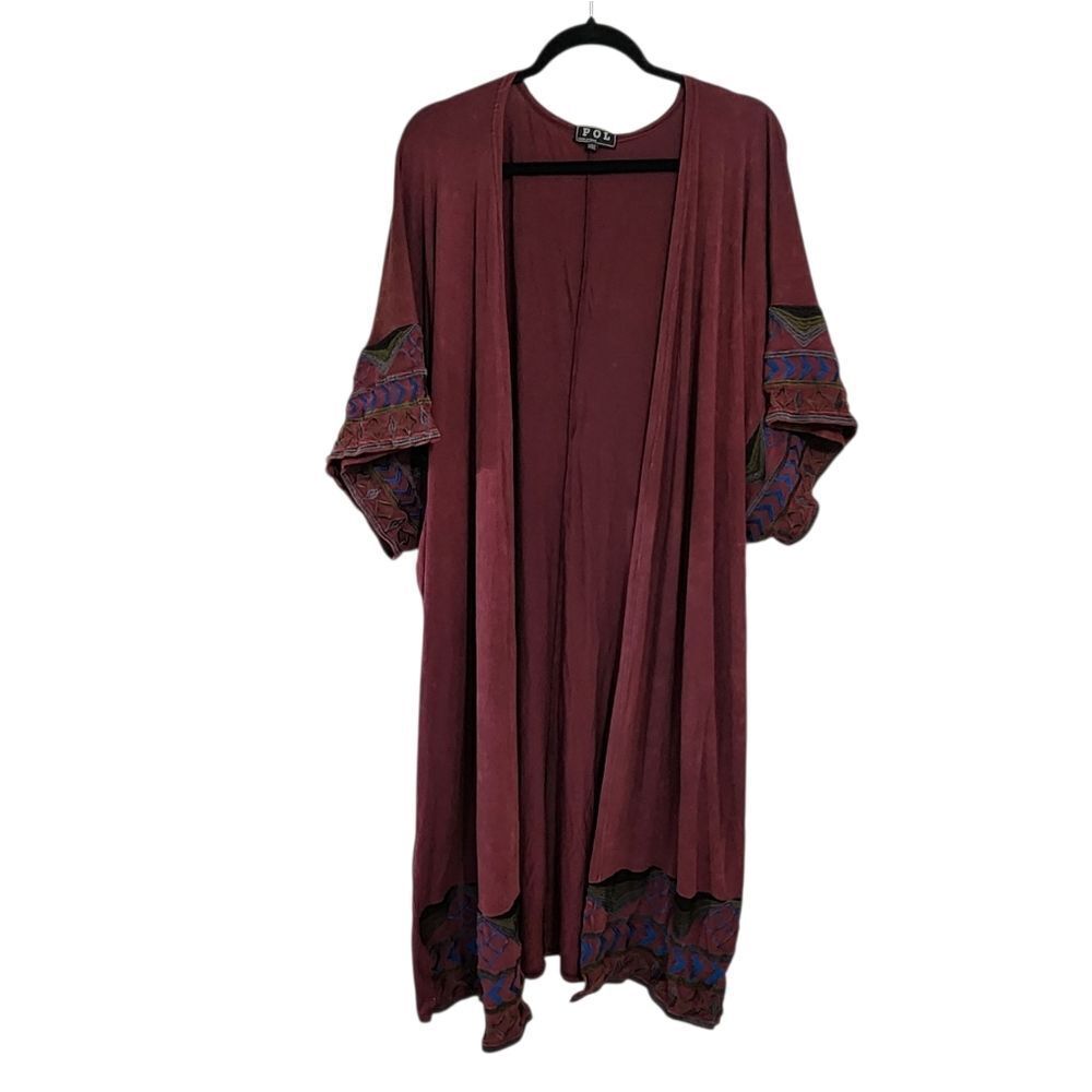 POL kimono Duster One Size Maroon Embroidered Boho Western Cowgirl